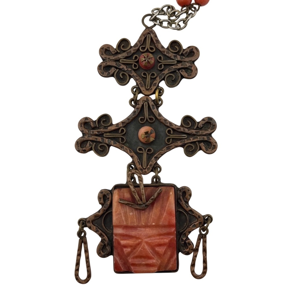Vintage Casa Luna Mexico Copper Aztec Warrior‎ Face Mask Necklace